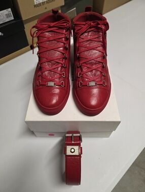 Balenciaga Arena red creased leather hi-top sneakers & matching belt *Rare? 🔥🔥
